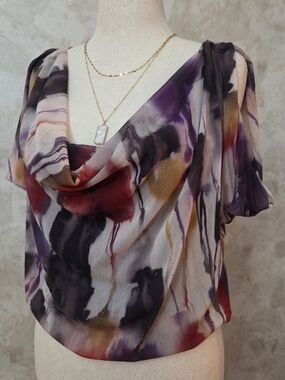 Weston Wear Abstract Print Draped Cowl Neck Blouse Art Top Boho Chic L